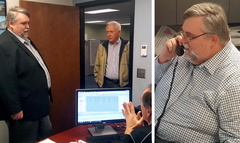 Mitch Long, GRW's newest Vice President, shown at work, far left and at right. With Mitch above left are two other GRW Vice Presidents/Officers, Ben Fister, center, and Rob Hench, seated.